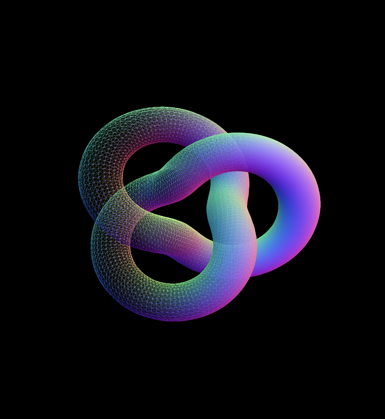 Rainbow torus knot with wireframe texture