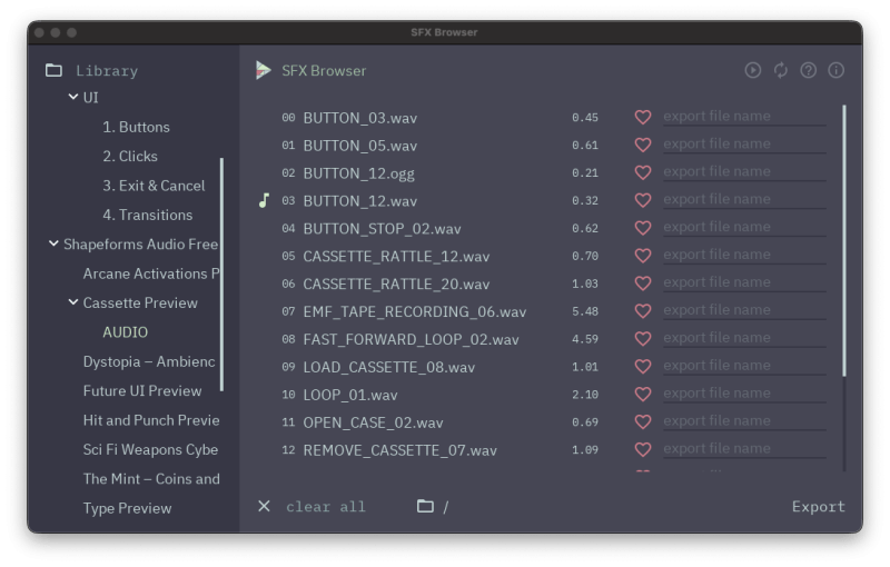 screenshot of SFX audio browser