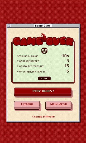 Blood Sugar Battlers Game Over detail view summarizing gameplay stats—seconds in range, range breaks, and number of healthy and unhealthy foods hit—inside a retro-styled beige window.