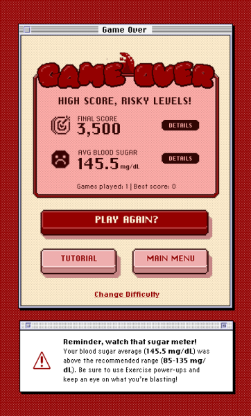 Blood Sugar Battlers Game Over screen showing ‘High Score, Risky Levels!’ with a score of 3,500 and average blood sugar of 145.5 mg/dL, including a pixel-art warning box reminding players to manage power-ups wisely.