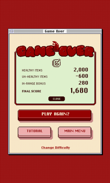 Blood Sugar Battler Game Over stats breakdown showing points from healthy items, unhealthy items, and in-range bonus totaling a final score of 1,680, presented in vintage computer UI style.