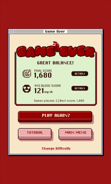 Blood Sugar Battlers Game Over screen displaying ‘Great Balance!’ with a final score of 1,680 and average blood sugar of 121 mg/dL, styled in a retro Mac window with red buttons for Play Again, Tutorial, and Main Menu.