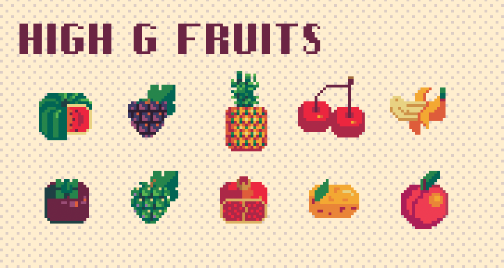 Pixel art grid labeled ‘High G Fruits’ showing higher-glycemic fruits like pineapple, grapes, cherries, banana, watermelon, and mango, styled in warm retro tones.