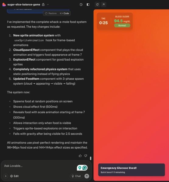 Screenshot of lovable environment showing prompt window indicating an implementation plan for the sprite animations