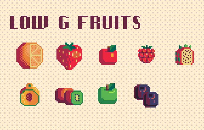 Pixel art grid labeled ‘Low G Fruits’ with lower-glycemic fruits such as strawberries, oranges, apples, kiwis, and plums, rendered in a soft 8-bit palette.