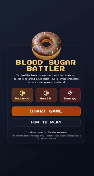 Early title screen for Blood Sugar Battler, featuring a emoji donut logo above retro-styled buttons for Balance, Health, and Energy. The interface uses 8-bit typography on a dark background, introducing the game’s final arcade aesthetic.