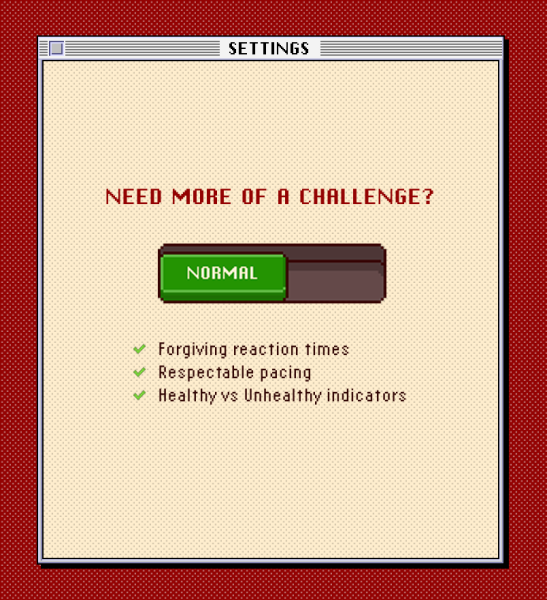 Blood Sugar Battler Settings screen asking ‘Need more of a challenge?’ with the green ‘Normal’ difficulty button selected, showing checkmarks for forgiving reaction times, respectable pacing, and healthy versus unhealthy indicators.