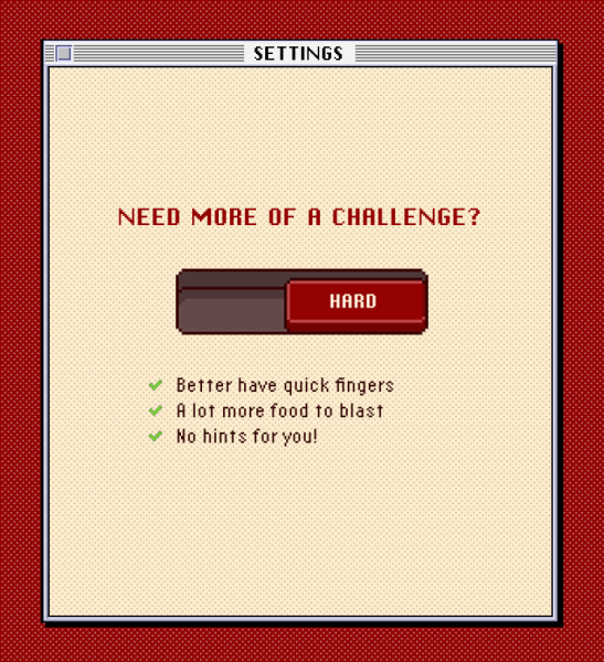 Blood Sugar Battlers Settings screen displaying the red ‘Hard’ difficulty option, highlighting tougher gameplay with faster food spawns, no hints, and a note reading ‘Better have quick fingers.’
