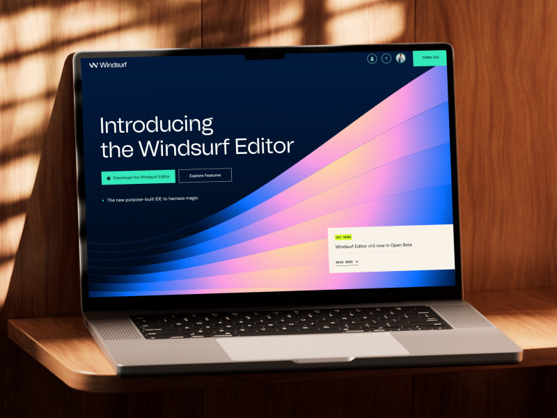 A laptop sits on a wooden desk, displaying a scroll through the Windsurf Editor landing page. The initial screen reads “Introducing the Windsurf Editor” with buttons to download the app or explore features.
