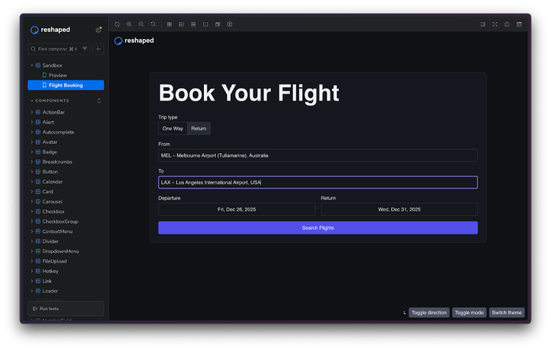 Screenshot of Storybook showing the Flight booking component generated by Claude Code using Storybook MCP tools