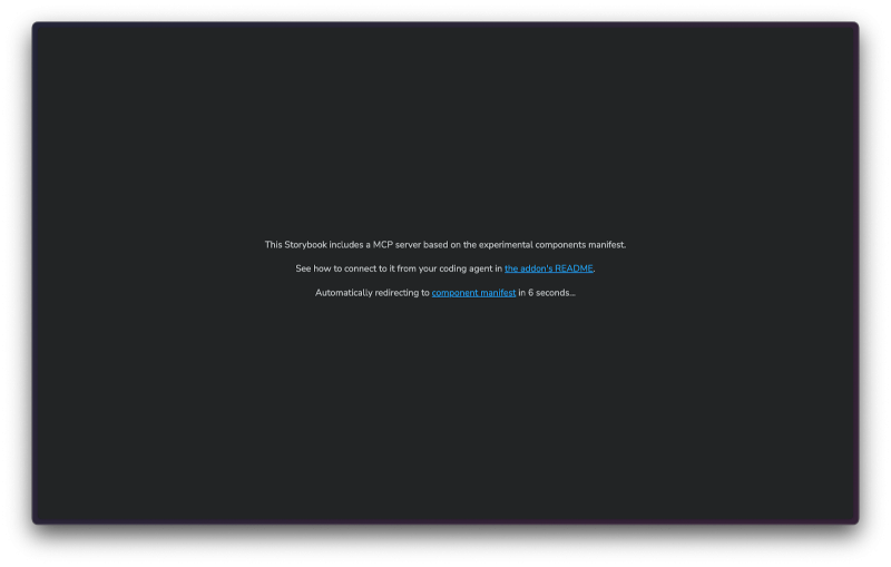 screenshot of the hosted Storybook MCP server endpoint with links to the documentation and the component manifest.