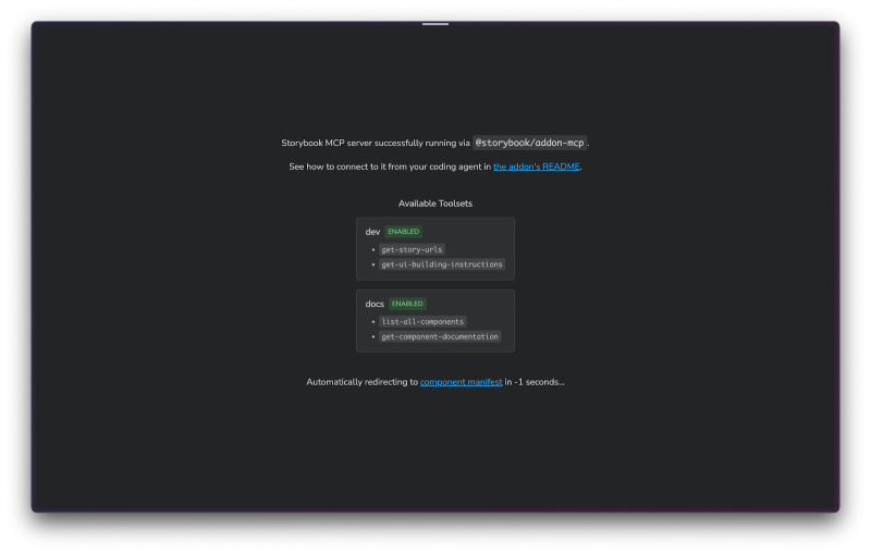 screenshot of the Storybook MCP server endpoint. It lists all the available tools and has links to the documentation.